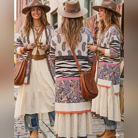 By Anthropologie Sweaters - By Anthropologie Boho Mixed-Print Open Front Cardigan Sweater - Cream & Pink